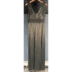 Jessica Howard Gold Black Metallic Pleated V-Neck Maxi Gown Dress Size 8